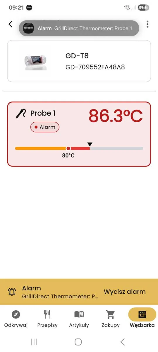 GrillEye MAX temperature alarm in the Borcook app